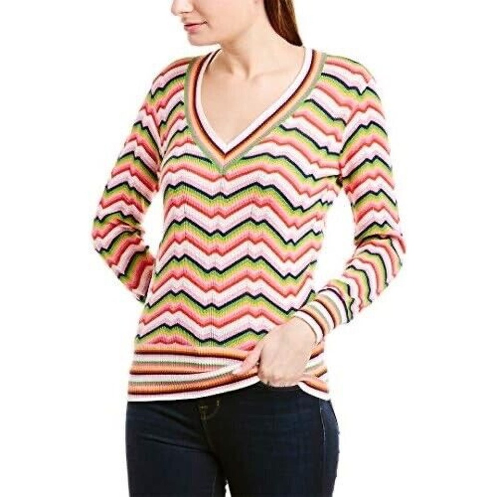Trina Turk Sz X-Small Rainbow Pink Green Chevron Sweater Take Off V Neck Zig Zag